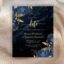 Faire-part de mariage à fleurs bleu marine et or b