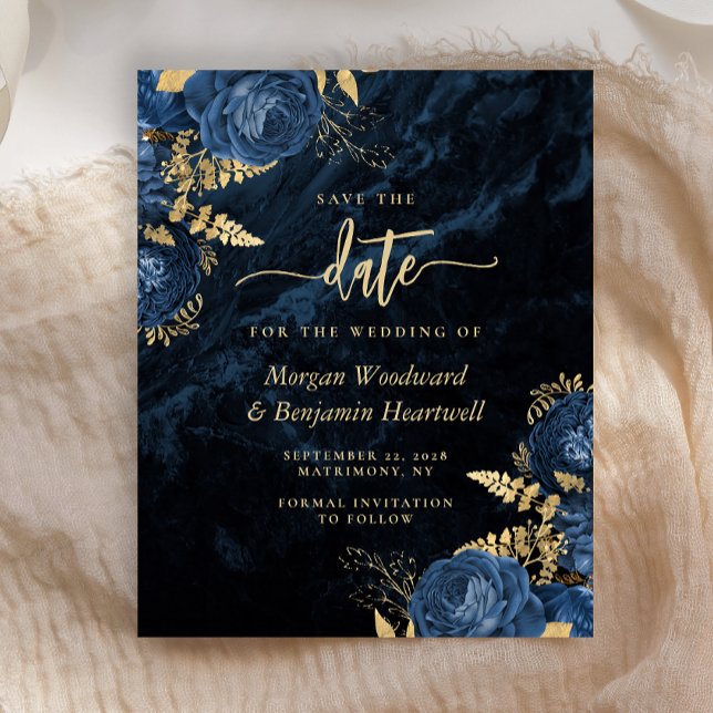 Faire-part de mariage à fleurs bleu marine et or b (Créateur téléchargé)