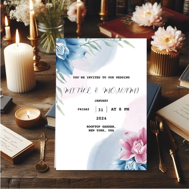 Faire-part de mariage à fleurs bleues (Créateur téléchargé)