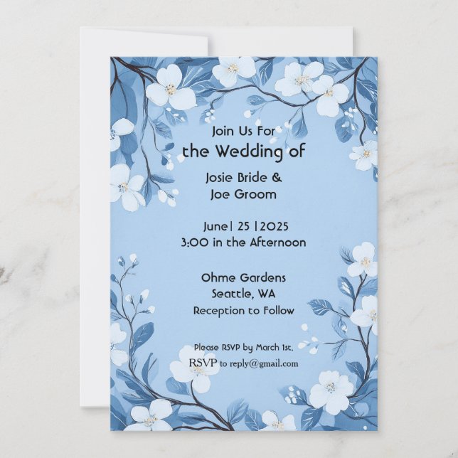 Faire-part de mariage à fleurs bleues doux et simp (Devant)