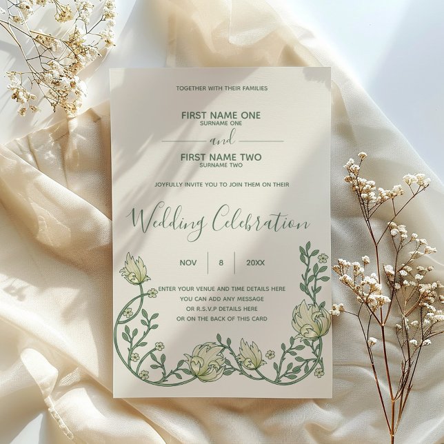 Faire-part de mariage à fleurs crème Art nouveau (Art nouveau wedding invitation with green script and vintage style floral bottom border.)