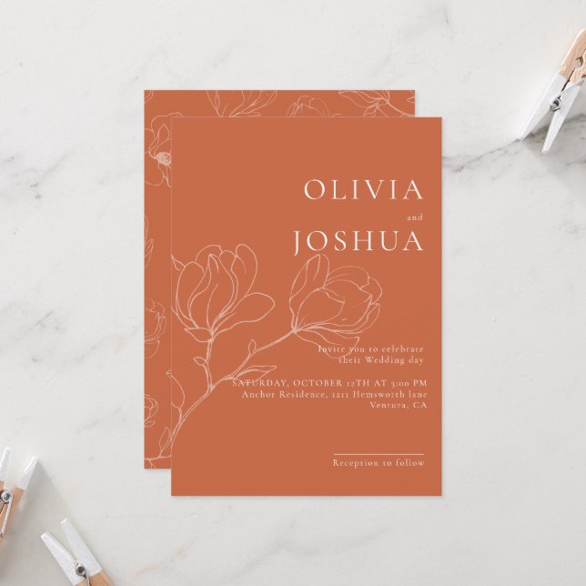 Faire-part de mariage à fleurs en terre cuite Boho (Devant/Arrière en situation)