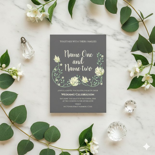 Faire-part de mariage à fleurs foncées de style Ar (Dark art nouveau and cream flowers wedding invitation.)