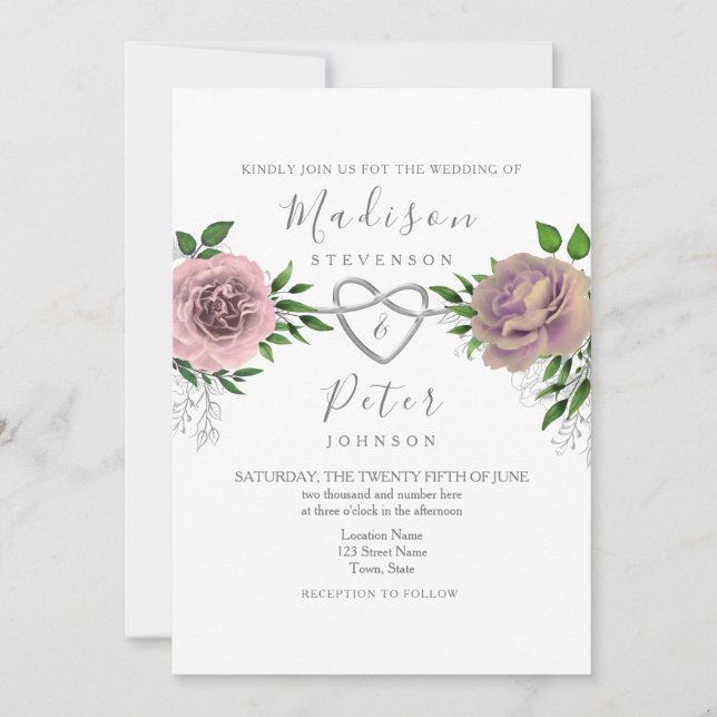 Faire-part de mariage à fleurs rose poussiéreux et (Devant)