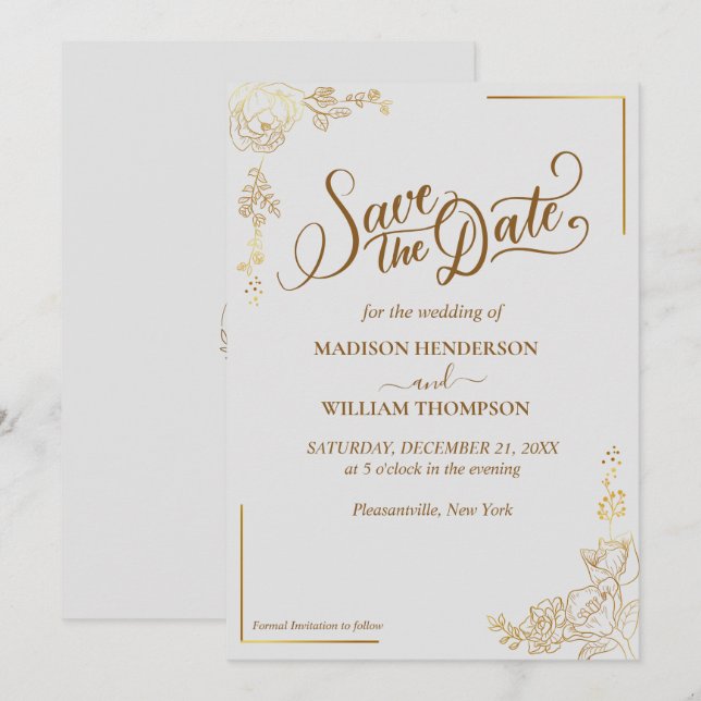 Faire-part de mariage à graver Fleurs dorées (Devant / Derrière)