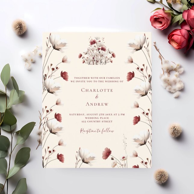 Faire-part de mariage à la crème bordeaux fleur sa (Créateur téléchargé)