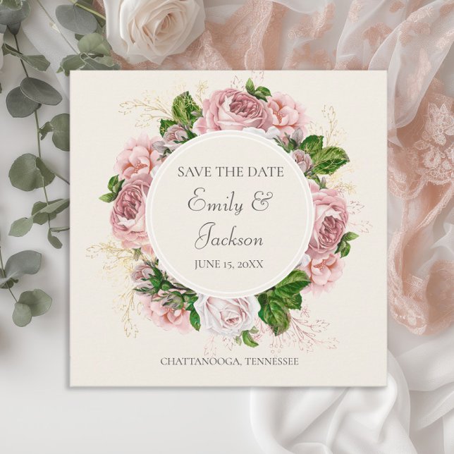 Faire-part de mariage à la crème florale rose past (Pink vintage floral wedding Save the Date card)