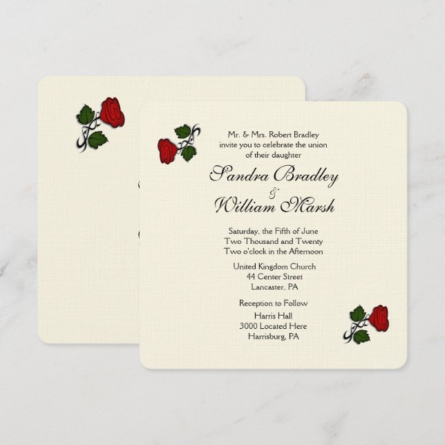 Faire-part de mariage à la crème rose rouge (Devant / Derrière)