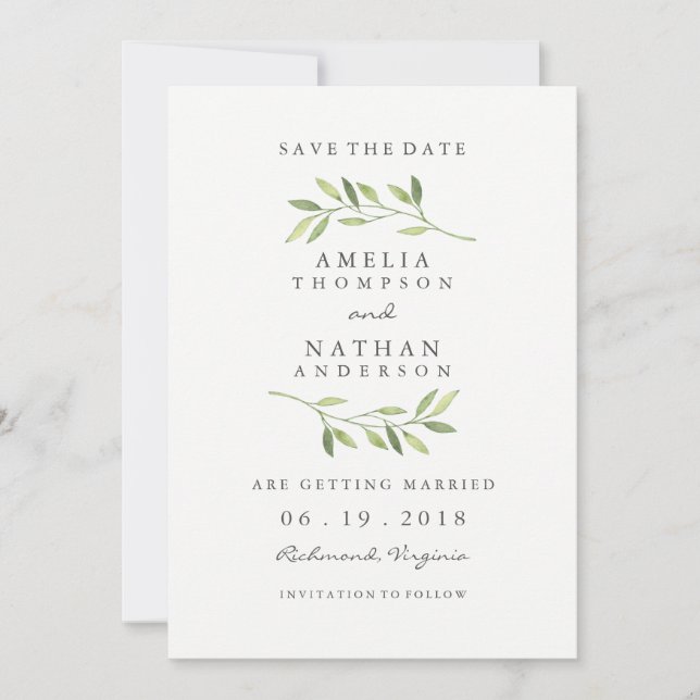 Faire-part de mariage à la feuille verte aquarelle (Devant)
