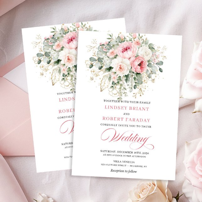 Faire-part de mariage à la flore verdoyante et ros (Graceful Blush Floral Greenery Wedding Invitation)