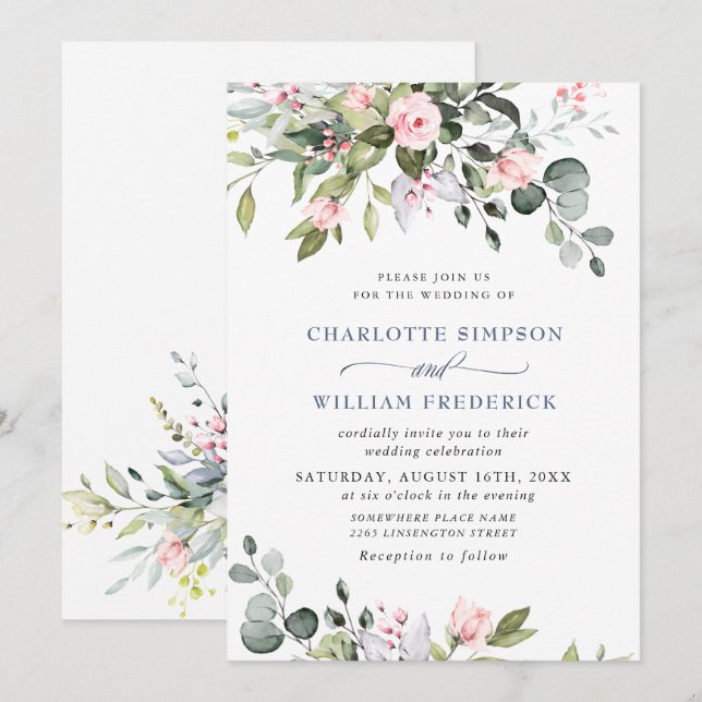 Faire-part de mariage à la gouache avec verdure d' (Devant / Derrière)