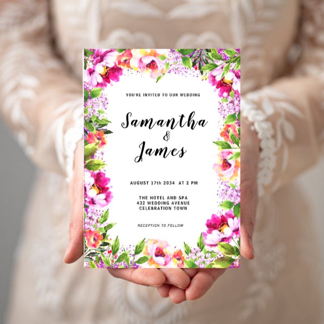 Faire-part de mariage à la gouache florale rose et (Créateur téléchargé)