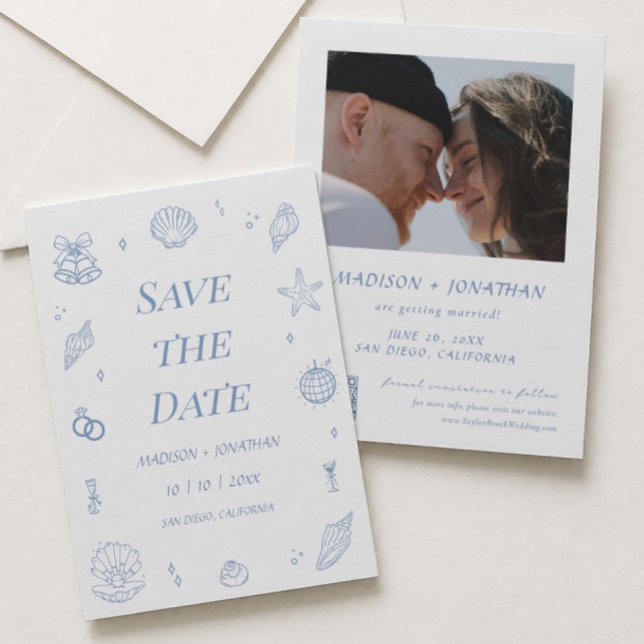 Faire-part de mariage à la main bleu côtier (Créateur téléchargé)