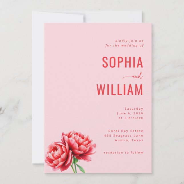 Faire-part de mariage à la pivoine rose romantique (Devant)