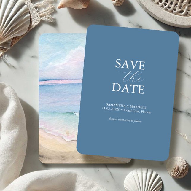 Faire-part de mariage à la plage aquarelle (beach wedding save the dates watercolor ocean art by Victoria Grigaliunas of Do Tell A Belle)