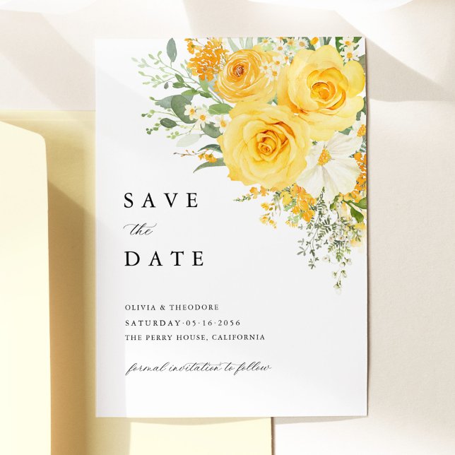 Faire-part de mariage à la rose florale jaune (Yellow floral wedding save the date card, watercolor yellow rose garden romantic wedding stationery )