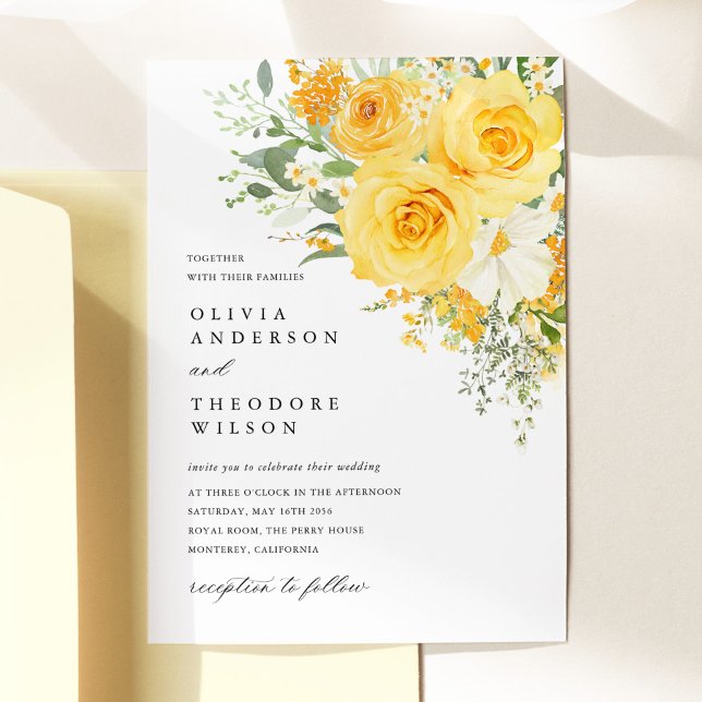 Faire-part de mariage à la rose florale jaune (Yellow floral rose wedding invitation, watercolor yellow roses, elegant spring garden stationery)