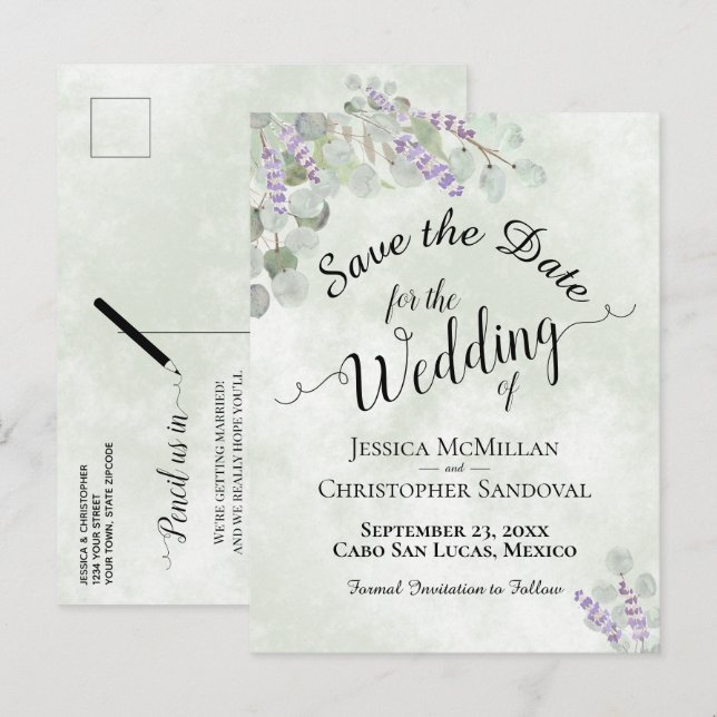 Faire-part de mariage à la sauge et à l'eucalyptus (Devant / Derrière)