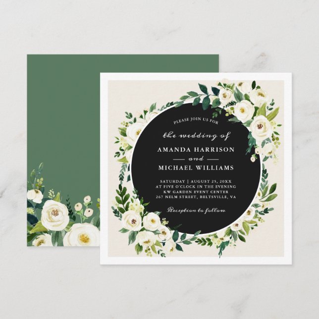 Faire-part de mariage à la verdure blanc ivoire (Devant / Derrière)