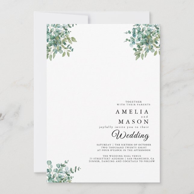 faire-part de mariage à la verdure d'eucalyptus (Devant)