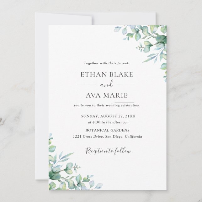 Faire-part de mariage à la verdure d'eucalyptus él (Devant)