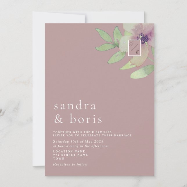 Faire-part de mariage à la verdure rose poudrée (Devant)