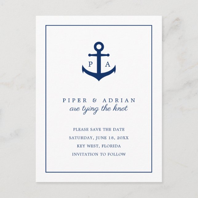 Faire-part de mariage à l'ancre bleu marine monogr (Devant)