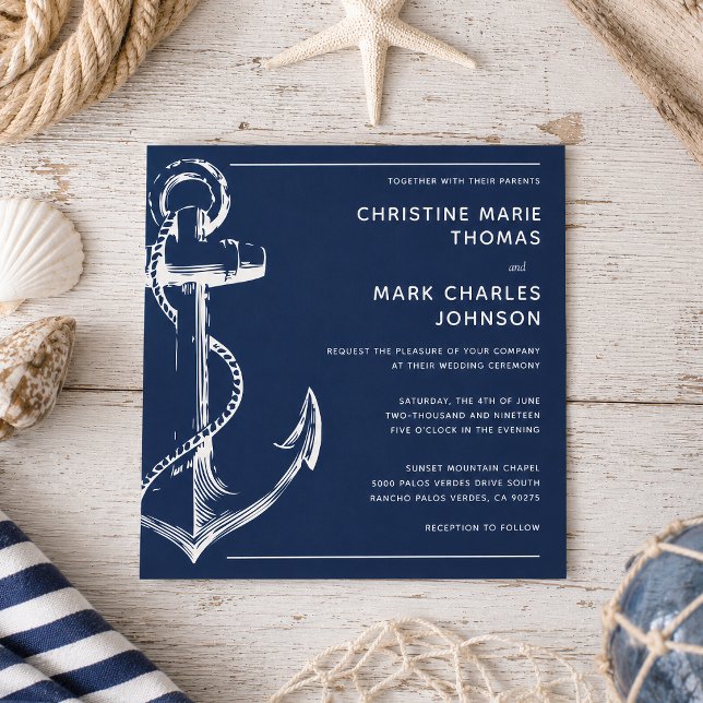 Faire-part de mariage à l'ancre de bateau bleu mar (Tie the knot with this nautical sketch anchor wedding square invitation.)