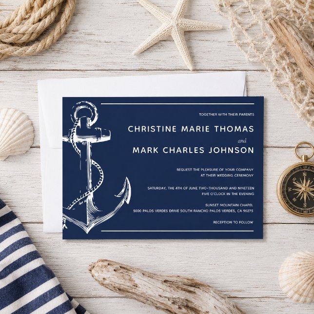 Faire-part de mariage à l'ancre de navire blanc ma (Tie the knot with this navy nautical sketch anchor wedding invitation.)