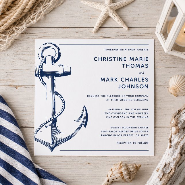Faire-part de mariage à l'ancre de navire de marin (Tie the knot with this nautical sketch anchor wedding square invitation.)