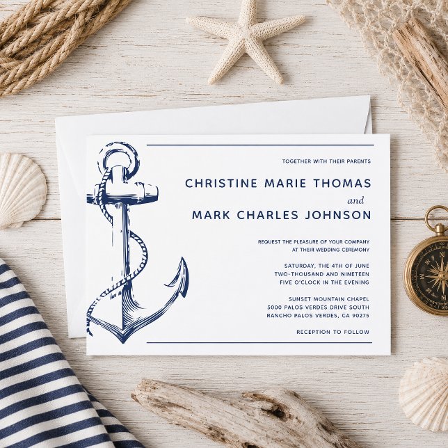 Faire-part de mariage à l'ancre de navire de marin (Tie the knot with this navy nautical sketch anchor wedding invitation.)