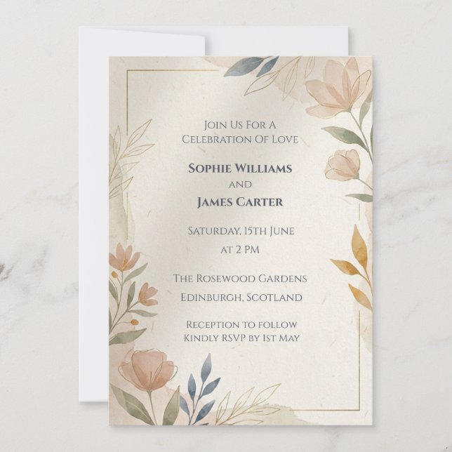 Faire-part de mariage à l'aquarelle aux feuilles p (Devant)