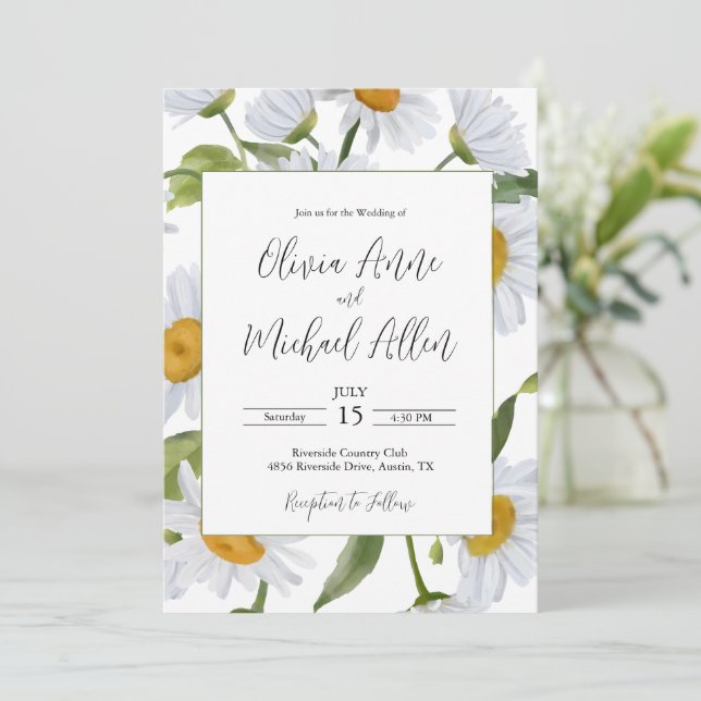 Faire-part de mariage à l'aquarelle aux marguerite (Debout devant)