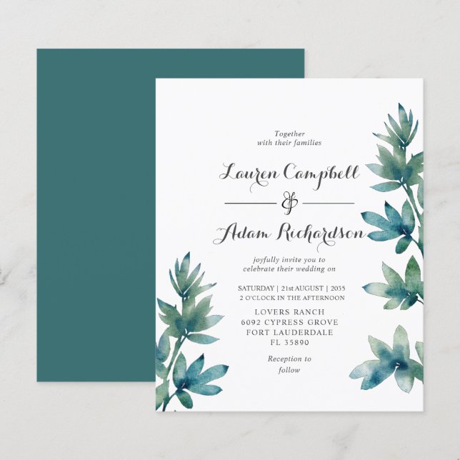 Faire-part de mariage à l'aquarelle avec feuillage (Devant / Derrière)