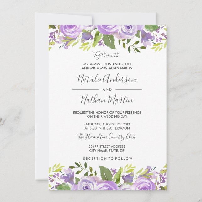 Faire-part de mariage à l'aquarelle avec rose flor (Devant)