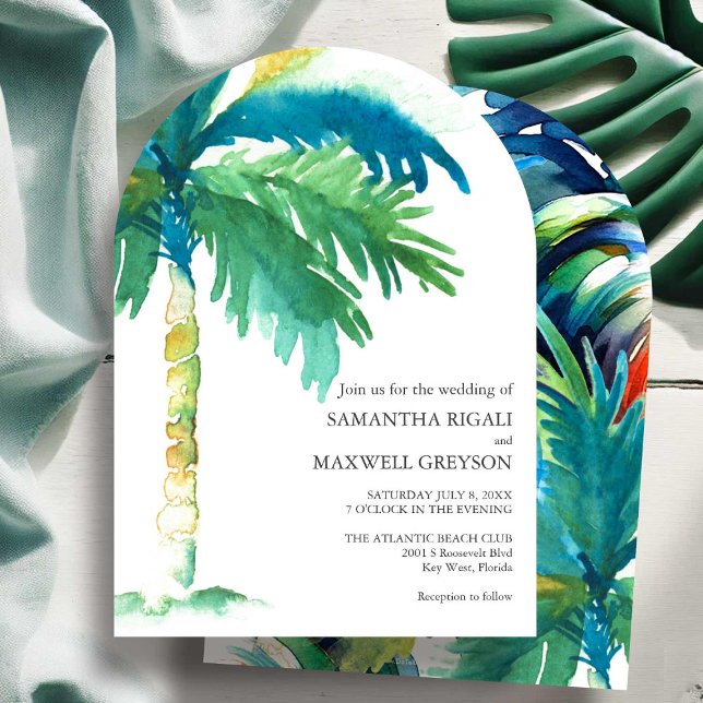 Faire-part de mariage à l'aquarelle avec un palmie (Palm tree wedding invitations watercolor art by Victoria Grigaliunas of Do Tell A Belle)
