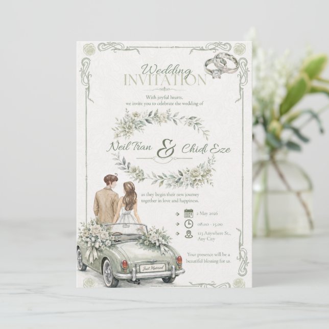 Faire-part de mariage à l'aquarelle avec voiture v (Debout devant)