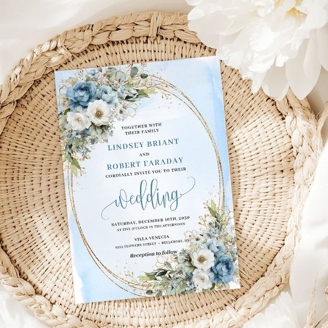 Faire-part de mariage à l'aquarelle Bleu Floral Vé (Watercolor Blue Floral Greenery Gold Wedding Invite)