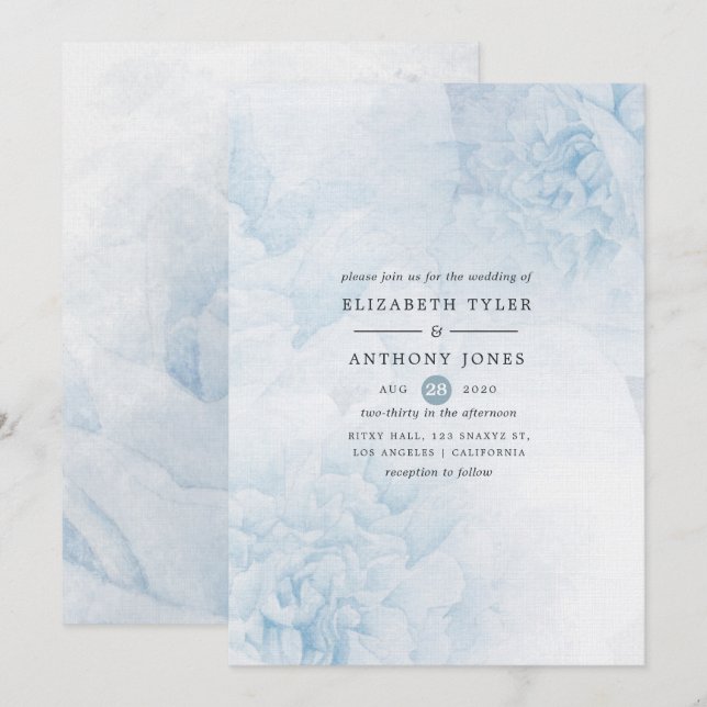 Faire-part de mariage à l'aquarelle bleu poussiére (Devant / Derrière)