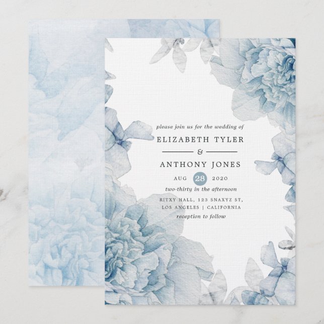 Faire-part de mariage à l'aquarelle bleu poussiére (Devant / Derrière)