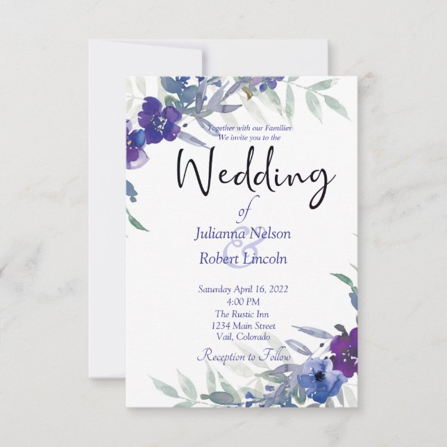Faire-part de mariage à l'aquarelle bleue et viole (Devant)