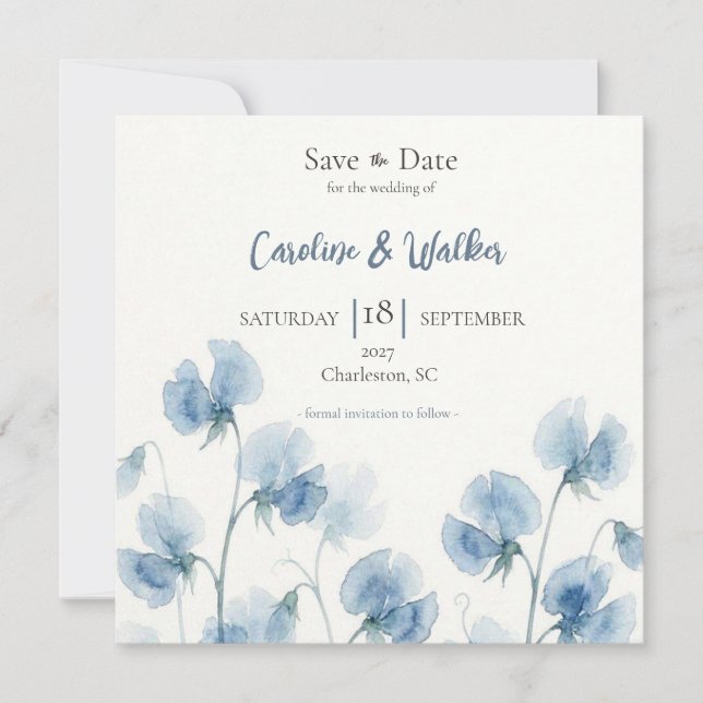 Faire-part de mariage à l'aquarelle bleue Somethin (Devant)