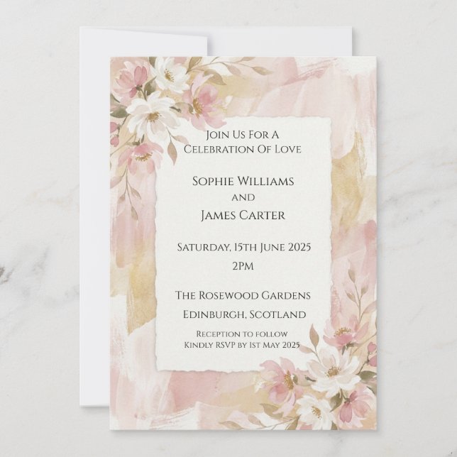 Faire-part de mariage à l'aquarelle Blush Daisy (Devant)
