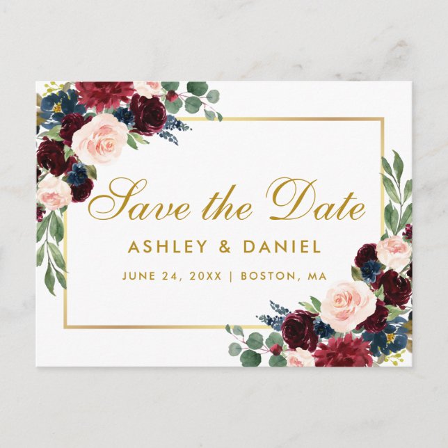 Faire-part de mariage à l'aquarelle Burgundy Blue  (Devant)