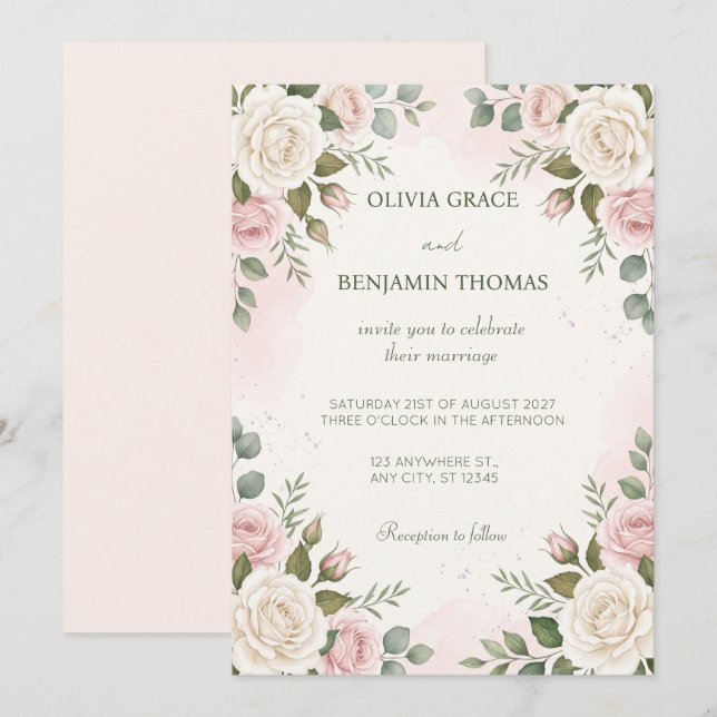 Faire-part de mariage à l'aquarelle Crème Rose Rou (Devant / Derrière)