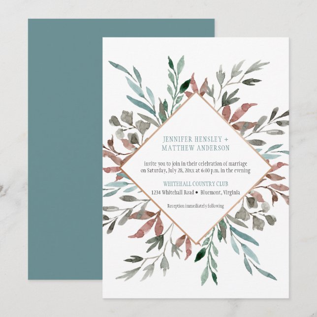 Faire-part de mariage à l'aquarelle de feuilles d' (Devant / Derrière)
