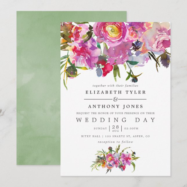 Faire-part de mariage à l'aquarelle de pivoines ro (Devant / Derrière)