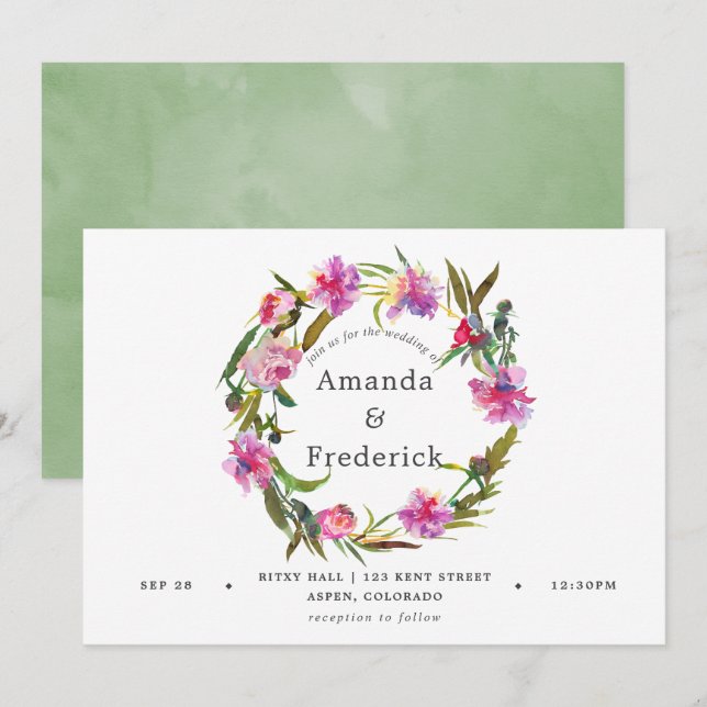Faire-part de mariage à l'aquarelle de pivoines ro (Devant / Derrière)