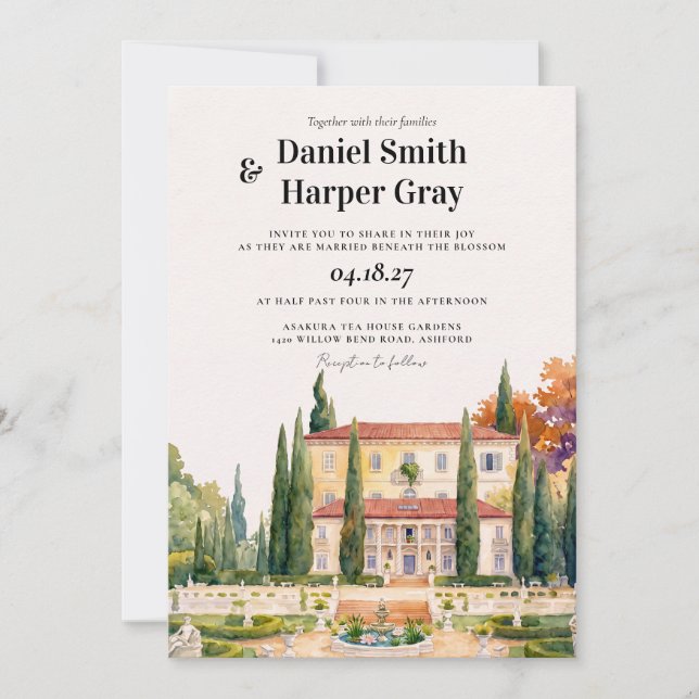 Faire-part de mariage à l'aquarelle de villa itali (Devant)