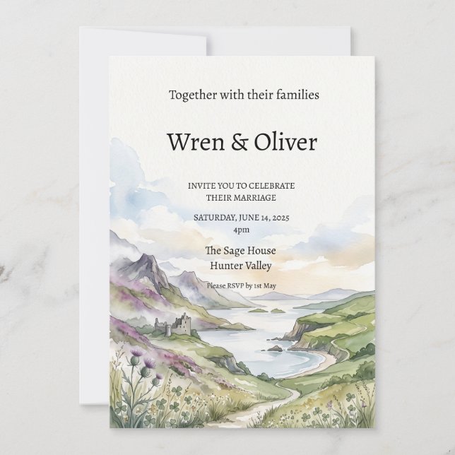 Faire-part de mariage à l'aquarelle du lac de mont (Devant)